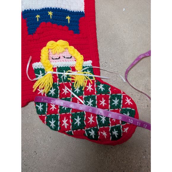 Pair of Vtg Crocheted Kitschy Christmas Stockings Handmade Sleeping Girl Appliqu - Picture 8 of 9